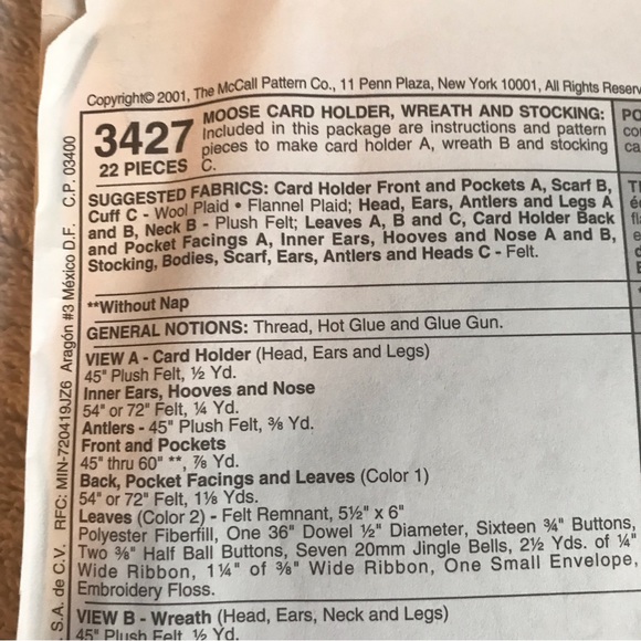 McCall's Crafts Stocking Moose Card Holder Wreath 3427 Sewing Pattern New - Picture 5 of 7